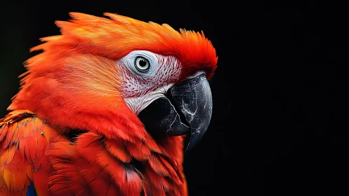 Vibrant Scarlet Macaw Portrait Against Dramatic Black Background.