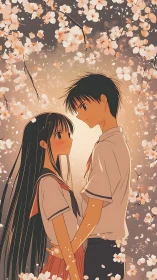 Anime students standing under dense cherry blossom canopy.