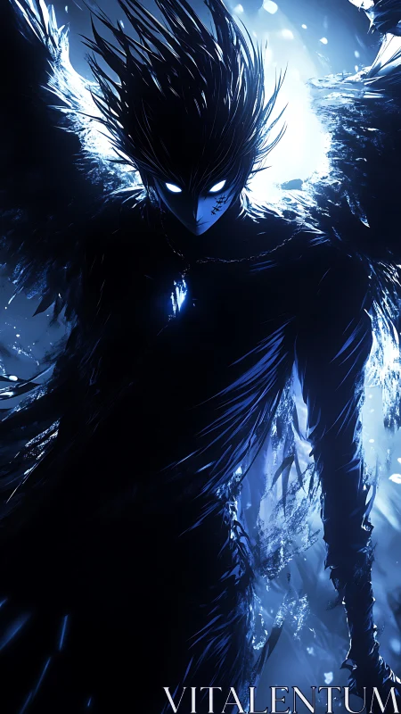 Midnight fallen angel ignites in stormlit cobalt radiance.