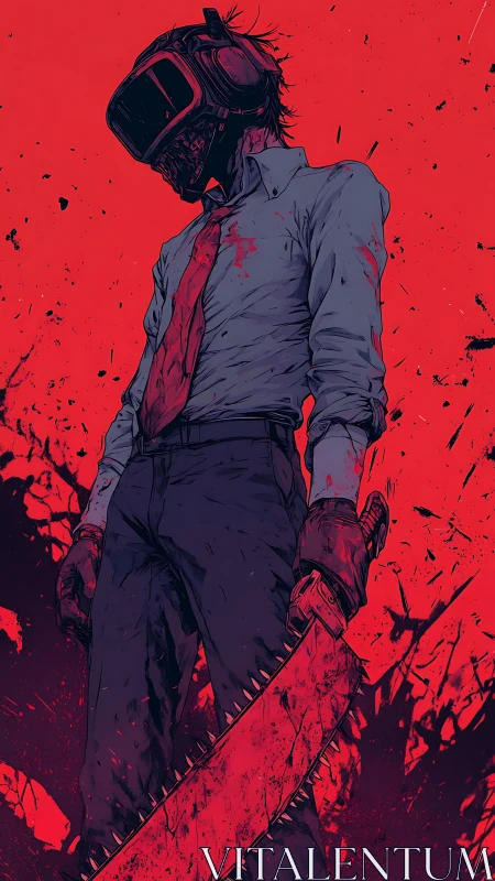 Intense helmeted fighter stands bold against crimson chaos.