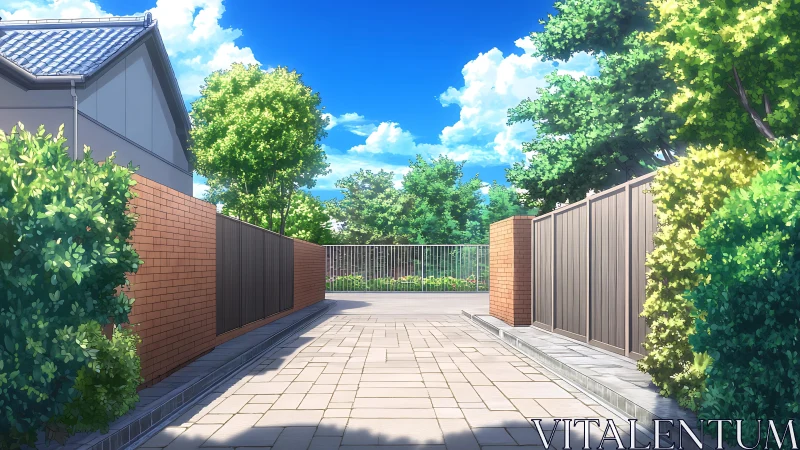 Sunlit suburban lane hums softly under an endless blue sky.