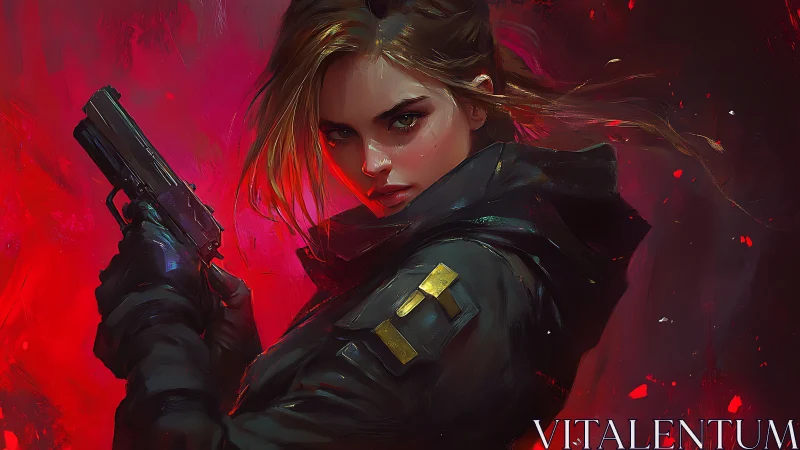 Woman in tactical jacket holds handgun against red backdrop