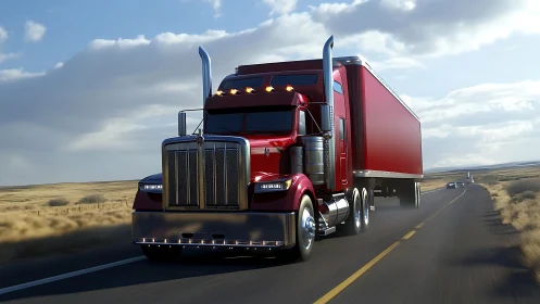 Red highway semi truck powering through open rural landscape.