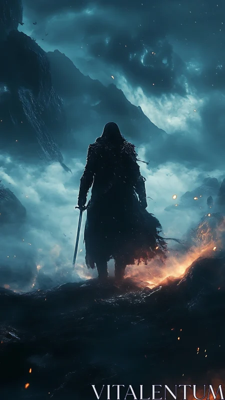 Lone cloaked warrior strides through mist and embers.