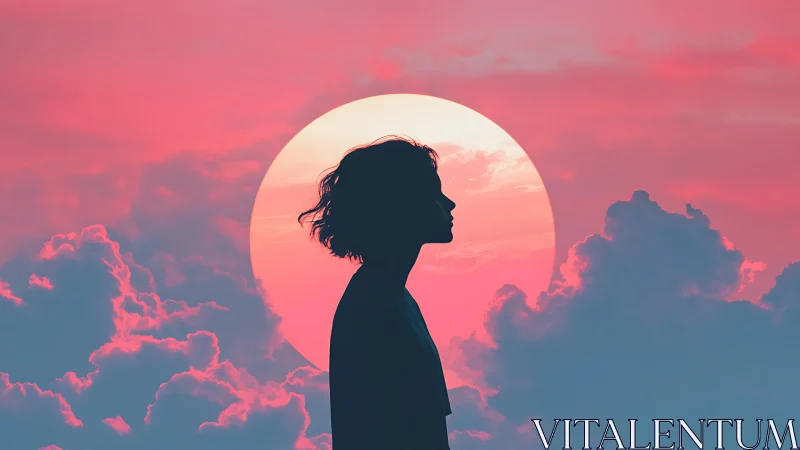 Silhouette of person against large sun in pink sky