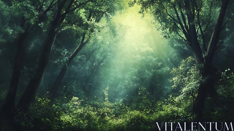 Sunlit Forest Cathedral: Ancient Trees and Ethereal Light.