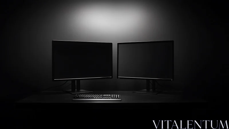 Dual computer monitors and keyboard on dark desk surface.