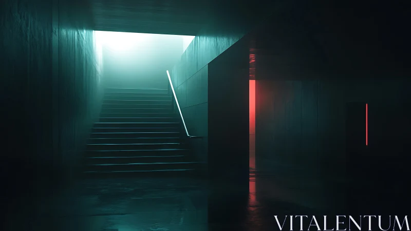 Underground Stairwell: Neon-lit Architectural Descent.