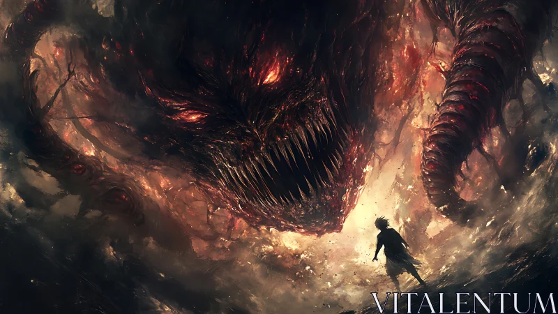 Child confronts colossal demonic void beast in storming maw.