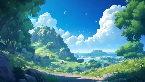 Sunlit river valley with rocky hills and towering cumulus clouds.