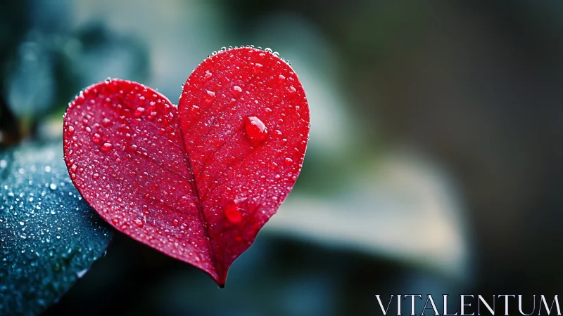 Red Heart-Shaped Leaf Wet with Dew Droplets.