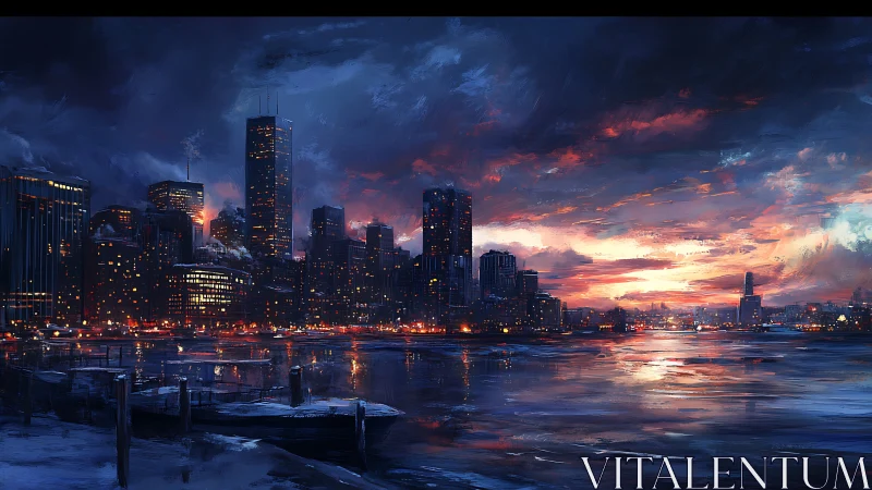 City skyline ignites under dramatic winter sunset sky.