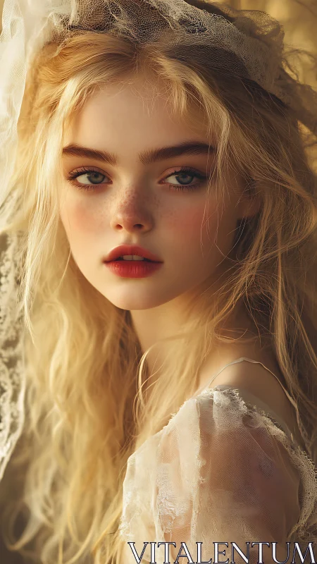 Blonde girl in lace dress with soft golden portrait light.