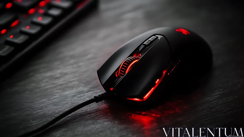 Gaming mouse with red LED lighting rests on dark surface