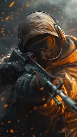 Tactical marksman in thermal hood amid ballistic sparks.