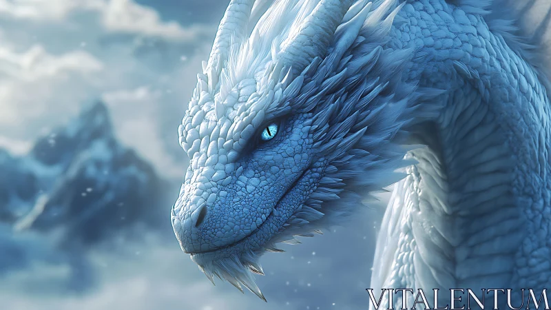Gentle ice dragon gazing over misty mountain snowscape.
