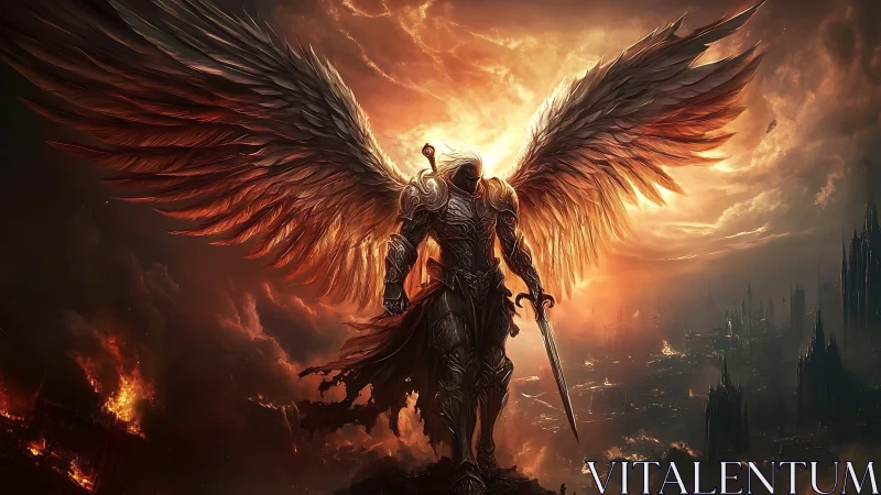 Armored seraph warrior with flaming wings above ruined city