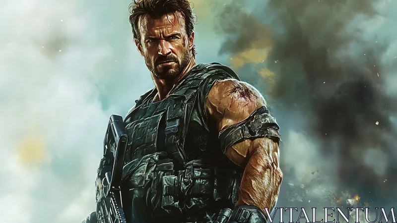 Battle-hardened soldier stands strong in smoky chaos