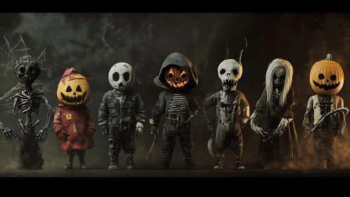 Row of stylized Halloween figures in dark smoky setting.