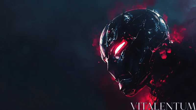 Dark robotic helmet with glowing red eyes in smoke.