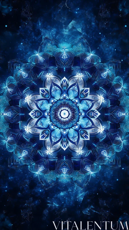 Fractal blue mandala blooms within luminous cosmic void.