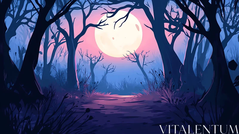 Moonlit Forest Path Rendered Digital Landscape with Atmospheric Glow.