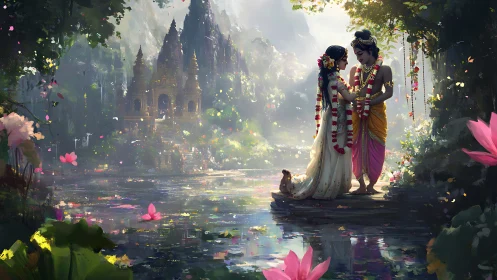 Divine couple on riverside pedestal before ornate temple.