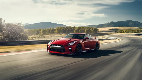 Red sports car driving fast on empty race track at sunset.