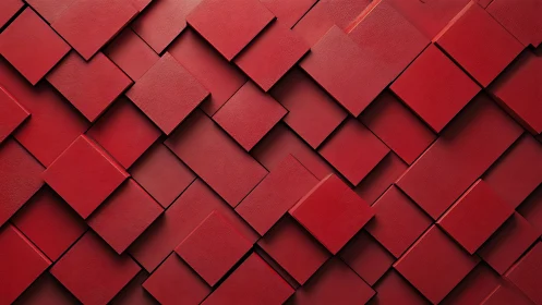 Red overlapping square tiles form layered geometric surface