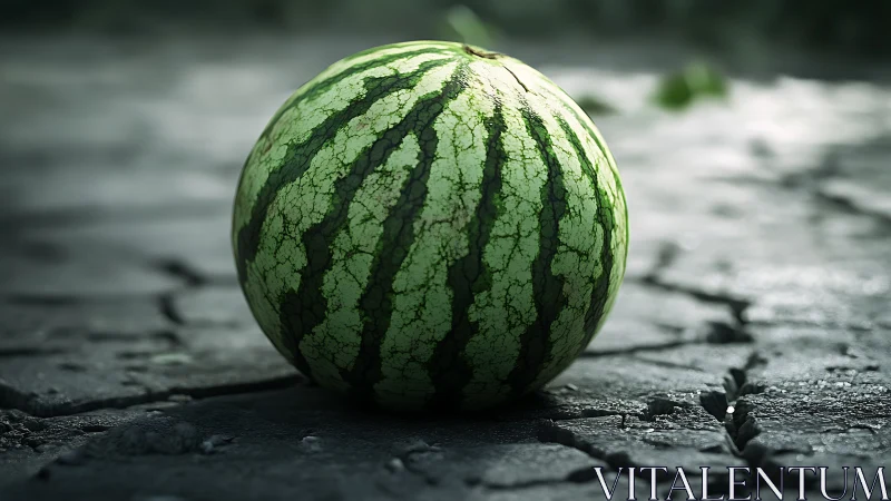 Watermelon rests on cracked ground under soft diffuse light