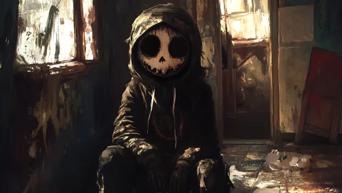 Hooded skull figure haunts abandoned sunlit room interior