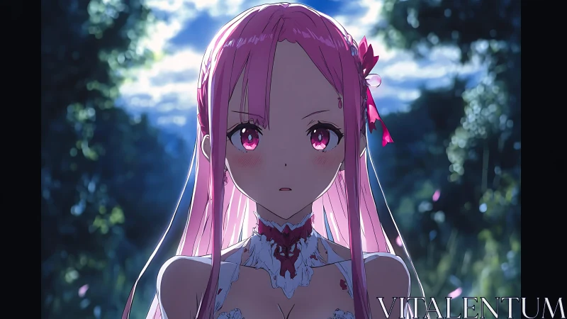 Backlit anime girl with pink hair and high contrast forest bokeh