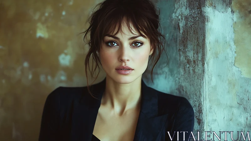 Intense portrait study with teal distressed wall backdrop.