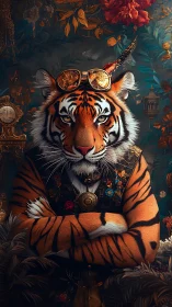Regal steampunk tiger poses amid ornate floral splendor.