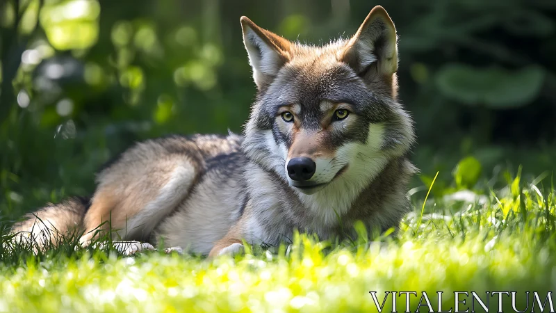 Wolf lies on sunlit grass with bright defocused background