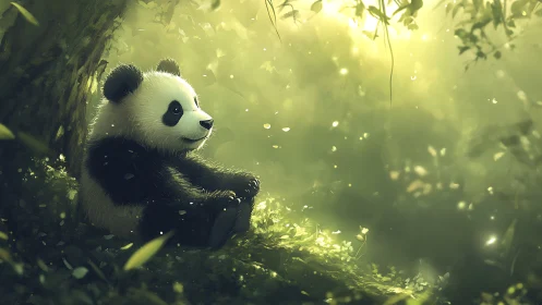 Juvenile panda resting in dappled forest backlight haze