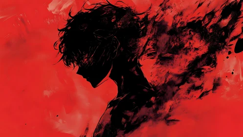 Silhouetted figure dissolving into abstract black ink on red.