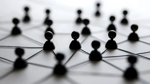 Abstract network of black figurines on connected grid surface