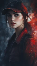 Young survivor in red jacket stands against burning twilight