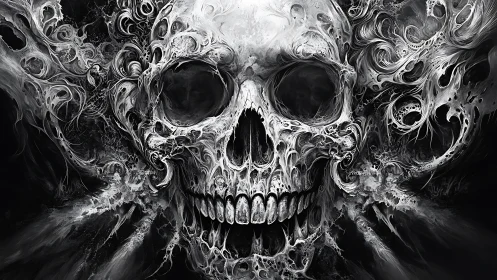 Skull dissolves into swirling monochrome smoke and tendrils