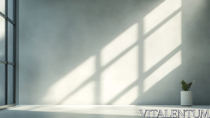 Sunlit minimalist interior with single potted leaf and hard light