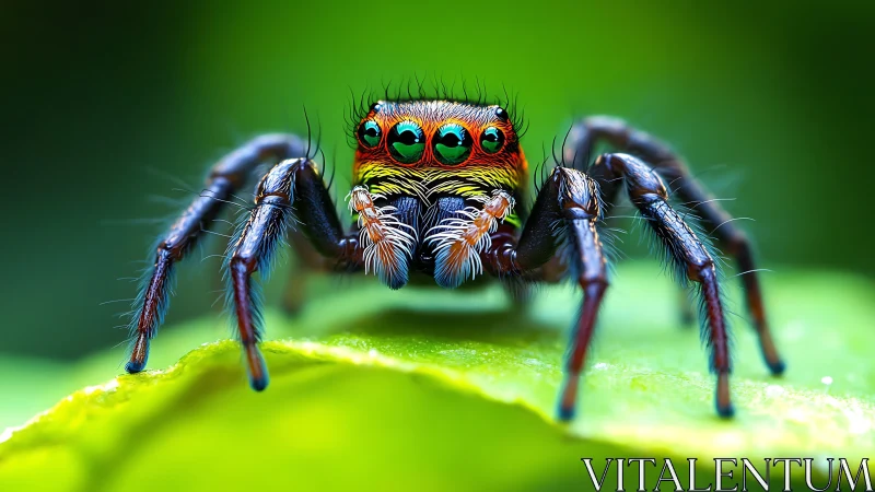 Macro study of iridescent jumping spider on leaf with shallow focus