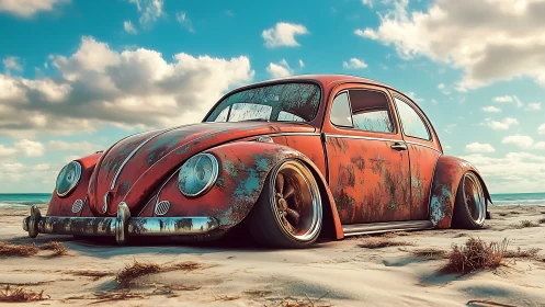 Rusty beachside beetle resting under soft coastal skies.
