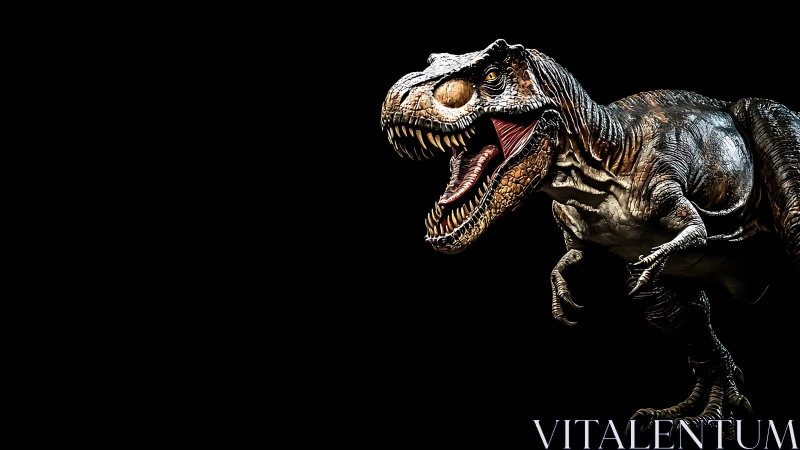 Roaring tyrannosaurus rendered in dramatic side spotlighting.