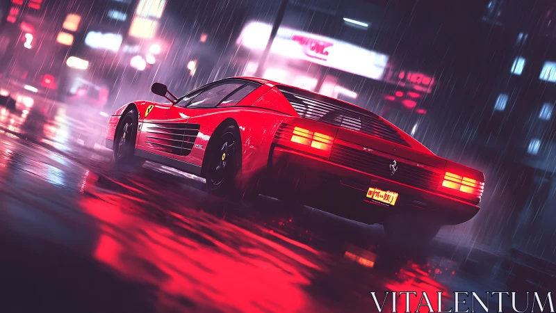 Red sports coupe in wet neon city street at night scene.