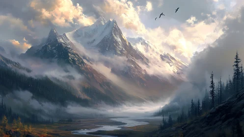 Snow-covered mountain valley is depicted with low cloud fog