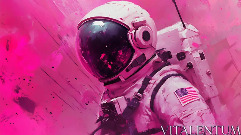 Astronaut drifts through vivid pink cosmic dust storm