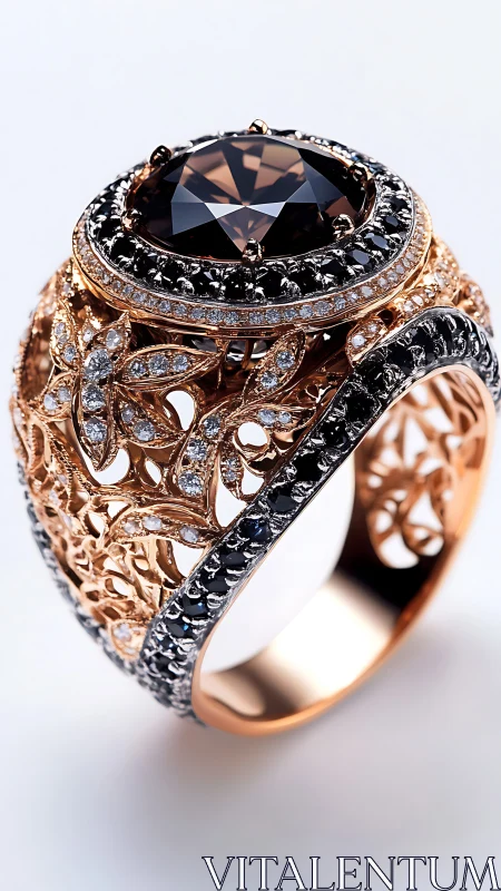 Ornate rose gold ring with large dark gemstone centerpiece.
