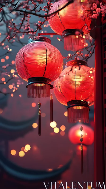Red paper lanterns with tassels amid soft evening bokeh.