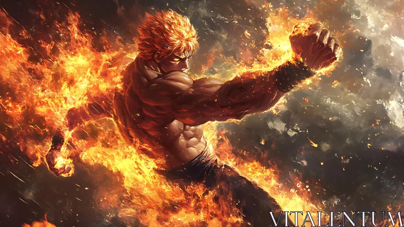 Dynamic digital painting of fiery martial arts warrior in motion.
